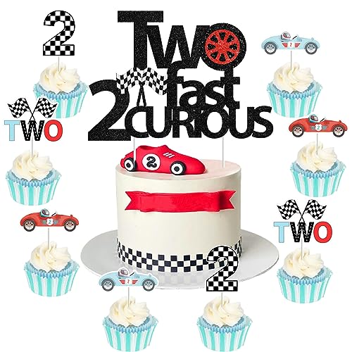 Sursurprise Zwei schnelle zwei neugierige Geburtstag Dekorationen, 25Pcs zwei schnelle zwei neugierige Kuchen Topper Vintage Race Car Cupcake Topper für Boy 2nd Birthday Let's Go Racing Party Supplies von Sursurprise