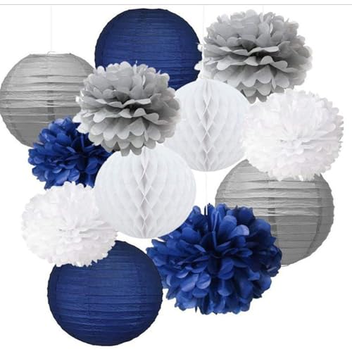 Surwin 15 pcs Bunte Papierlaterne Set, Hochzeitsdeko Party Deko Lampions, Rund Papierlampe Hängend Papierlaternen für Geburtstag, Babyparty, Brautdusche, Abschlussfeier (Grau/Weiß/Blau) von Surwin