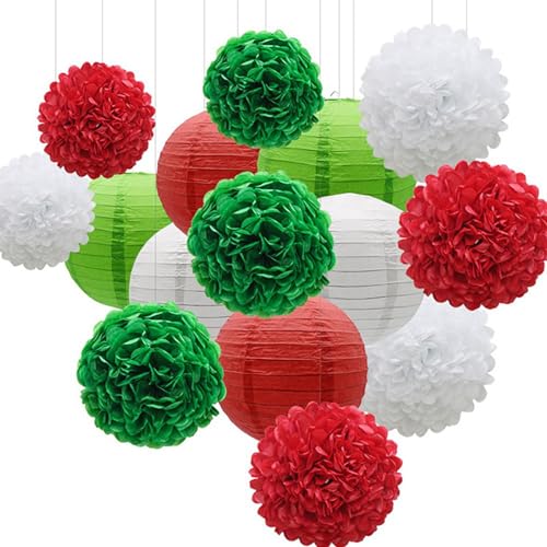 Surwin 15 pcs Bunte Papierlaterne Set, Hochzeitsdeko Party Deko Lampions, Rund Papierlampe Hängend Papierlaternen für Geburtstag, Babyparty, Brautdusche, Abschlussfeier (Grün/Rot/Weiß) von Surwin