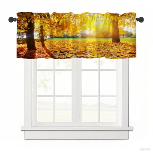 Surwin Bistrogardine Coffee Break Scheibengardine Küchengardine mit 3D-Herbstblatt-Druck, Kurzgardine Wohnzimmer Landhaus Càfe Gardinen Moderne Kurz Vorhang (Goldene Welt,137x45cm) von Surwin