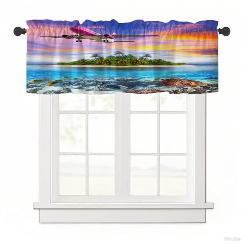 Surwin Bistrogardine Coffee Break Scheibengardine Küchengardine mit 3D-Kokospalmen-Print, Kurzgardine Wohnzimmer Landhaus Càfe Gardinen Moderne Kurz Vorhang (Flugzeug,137x45cm) von Surwin