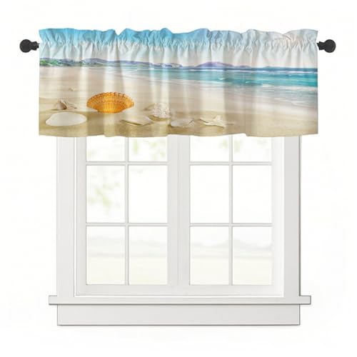 Surwin Bistrogardine Coffee Break Scheibengardine Küchengardine mit 3D-Meereslandschaft, Kurzgardine Wohnzimmer Landhaus Càfe Gardinen Moderne Kurz Vorhang (Muschel,137x45cm) von Surwin