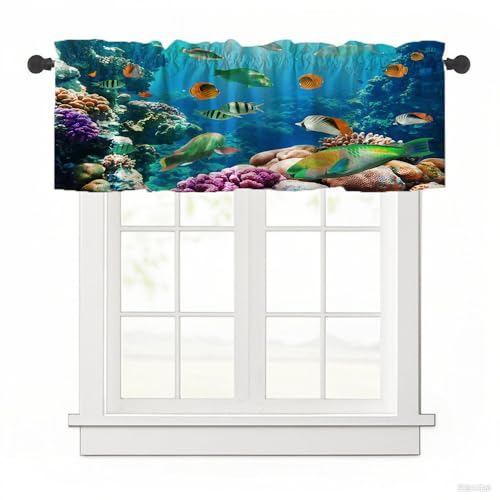 Surwin Bistrogardine Coffee Break Scheibengardine Küchengardine mit 3D-Ozean Gedruckt, Kurzgardine Wohnzimmer Landhaus Càfe Gardinen Moderne Kurz Vorhang (Fluoreszierender Fisch,137x45cm) von Surwin