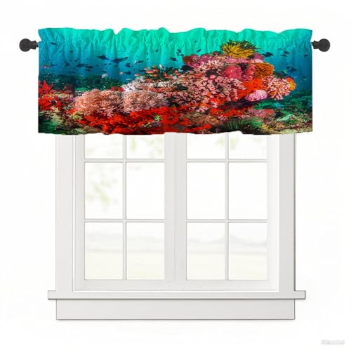 Surwin Bistrogardine Coffee Break Scheibengardine Küchengardine mit 3D-Ozean Gedruckt, Kurzgardine Wohnzimmer Landhaus Càfe Gardinen Moderne Kurz Vorhang (Rote Koralle,137x45cm) von Surwin