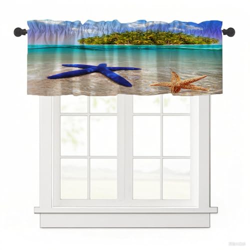 Surwin Bistrogardine Coffee Break Scheibengardine Küchengardine mit 3D-Seestern-Druck, Kurzgardine Wohnzimmer Landhaus Càfe Gardinen Moderne Kurz Vorhang (Blauer Seestern,137x45cm) von Surwin