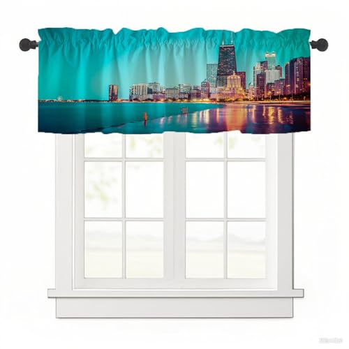 Surwin Bistrogardine Coffee Break Scheibengardine Küchengardine mit 3D-Stadtdruck, Kurzgardine Wohnzimmer Landhaus Càfe Gardinen Moderne Kurz Vorhang (Grüner Himmel,137x45cm) von Surwin