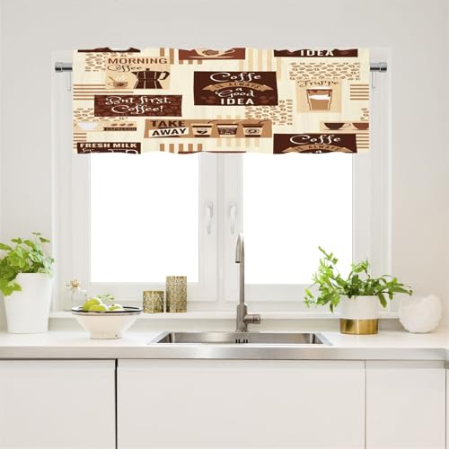 Surwin Bistrogardine Coffee Break Scheibengardine Küchengardine mit Kaffee Motiven, Halbtransparente Kurzgardine Wohnzimmer Landhaus Càfe Gardinen Kurz Vorhang (Küche,W145xL56cm) von Surwin