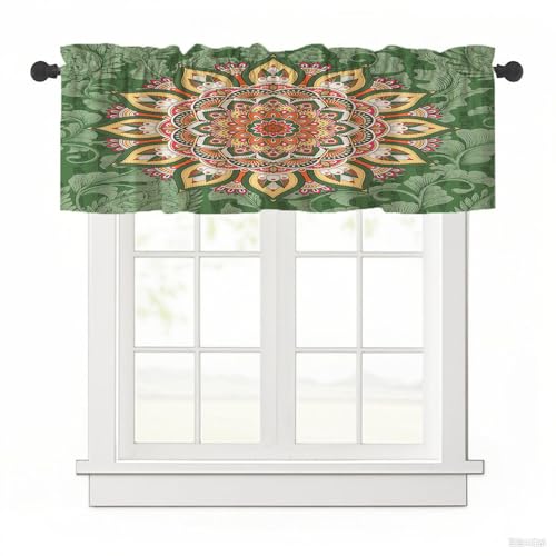 Surwin Bistrogardine Coffee Break Scheibengardine Küchengardine mit Mandala-Serie, Kurzgardine Wohnzimmer Landhaus Càfe Gardinen Moderne Kurz Vorhang (Goldgrün,137x45cm) von Surwin