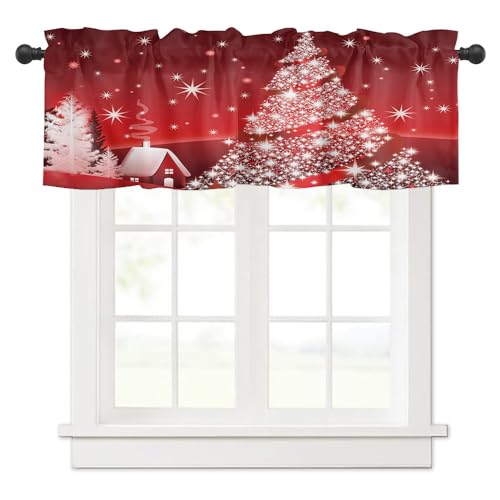 Surwin Bistrogardine Coffee Break Scheibengardine Küchengardine mit Rote Weihnachten Motiven, Kurzgardine Wohnzimmer Landhaus Càfe Gardinen Moderne Kurz Vorhang (137x45cm,leuchtender Weihnachtsbaum) von Surwin