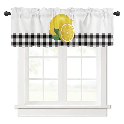 Surwin Bistrogardine Coffee Break Scheibengardine Küchengardine mit Zitronendruck Motiven, Kurzgardine Wohnzimmer Landhaus Càfe Gardinen Moderne Kurz Vorhang (schwarzes Gitter,137x45cm) von Surwin