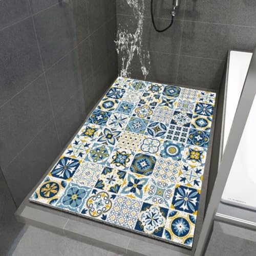Surwin Duschmatte rutschfest Rechteck Badezimmermatte Encaustic-Fliesen Muster Weich Komfort PVC-Luffa Badmatte mit Ablauflöchern Schnell Trocknend für Dusche, Nassbereiche (Blau,100x120cm) von Surwin