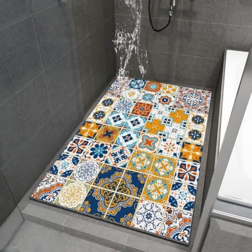 Surwin Duschmatte rutschfest Rechteck Badezimmermatte Encaustic-Fliesen Muster Weich Komfort PVC-Luffa Badmatte mit Ablauflöchern Schnell Trocknend für Dusche, Nassbereiche (Gelb,45x75cm) von Surwin