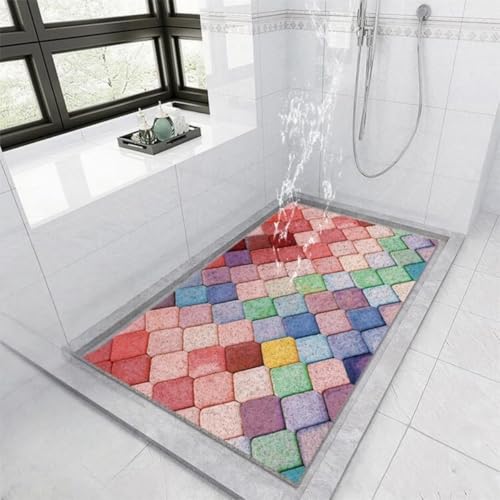 Surwin Duschmatte rutschfest Rechteck Badezimmermatte Encaustic-Fliesen Muster Weich Komfort PVC-Luffa Badmatte mit Ablauflöchern Schnell Trocknend für Dusche, Nassbereiche (Geometrie,60x90cm) von Surwin