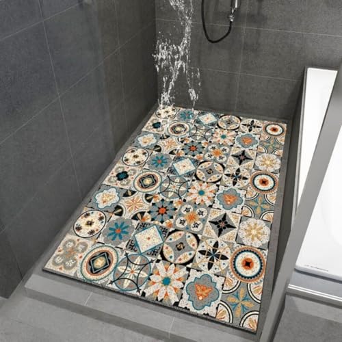 Surwin Duschmatte rutschfest Rechteck Badezimmermatte Encaustic-Fliesen Muster Weich Komfort PVC-Luffa Badmatte mit Ablauflöchern Schnell Trocknend für Dusche, Nassbereiche (Grau,45x75cm) von Surwin