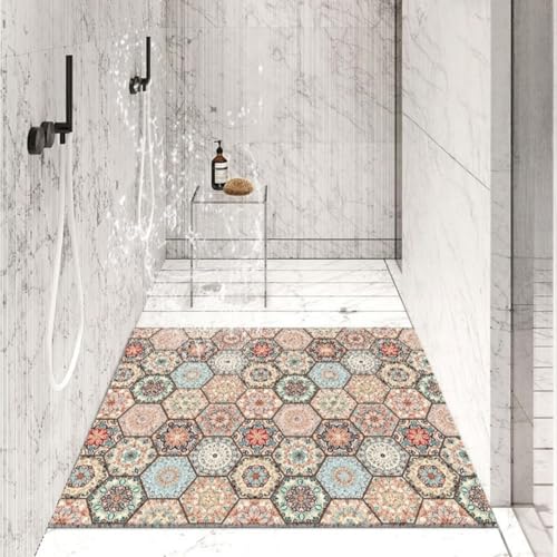 Surwin Duschmatte rutschfest Rechteck Badezimmermatte Encaustic-Fliesen Muster Weich Komfort PVC-Luffa Badmatte mit Ablauflöchern Schnell Trocknend für Dusche, Nassbereiche (Mandala,60x90cm) von Surwin