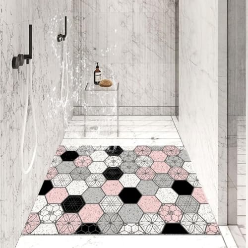 Surwin Duschmatte rutschfest Rechteck Badezimmermatte Encaustic-Fliesen Muster Weich Komfort PVC-Luffa Badmatte mit Ablauflöchern Schnell Trocknend für Dusche, Nassbereiche (Rosa Grau,40x60cm) von Surwin