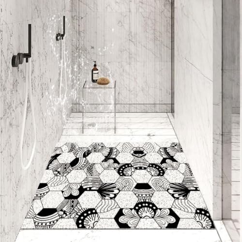 Surwin Duschmatte rutschfest Rechteck Badezimmermatte Encaustic-Fliesen Muster Weich Komfort PVC-Luffa Badmatte mit Ablauflöchern Schnell Trocknend für Dusche, Nassbereiche (Weiß 1,90x120cm) von Surwin