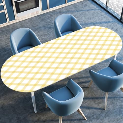 Surwin Elastische Oval Tischdecke Abwaschbar, Plaid Spanntischdecke Abwischbar Gartentischdecke mit Gummizug Oval Outdoor Tischdecke für Esszimmer Küche -Minimalistisch (Gelb,91x152cm) von Surwin