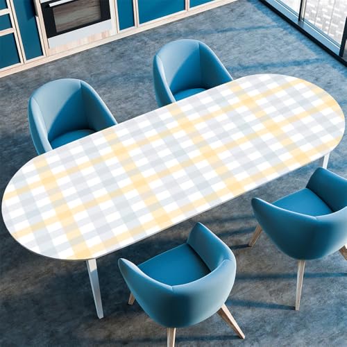 Surwin Elastische Oval Tischdecke Abwaschbar, Plaid Spanntischdecke Abwischbar Gartentischdecke mit Gummizug Oval Outdoor Tischdecke für Esszimmer Küche -Minimalistisch (Weiß,132x305cm) von Surwin