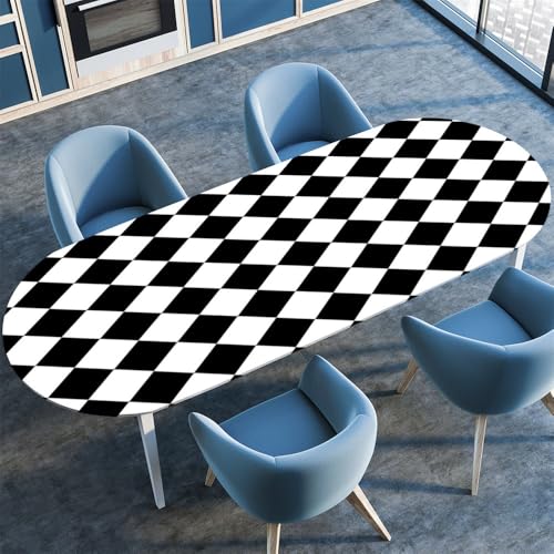 Surwin Elastische Oval Tischdecke Abwaschbar, Schachbrettmuster Spanntischdecke Abwischbar Gartentischdecke mit Gummizug Oval Outdoor Tischdecke für Esszimmer Küche (Schwarz-Weiß,107x152cm) von Surwin