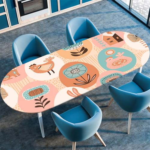 Surwin Elastische Oval Tischdecke Abwaschbar, Spanntischdecke Abwischbar Gartentischdecke Gummizug Oval Outdoor Tischdecke für Esszimmer Küche -3D Blumen (Huhn,132x274cm) von Surwin