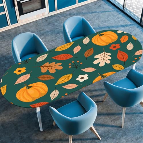 Surwin Elastische Oval Tischdecke Abwaschbar, Spanntischdecke Abwischbar Gartentischdecke Gummizug Oval Outdoor Tischdecke für Esszimmer Küche -3D Blumen (Kürbis,122x183cm) von Surwin