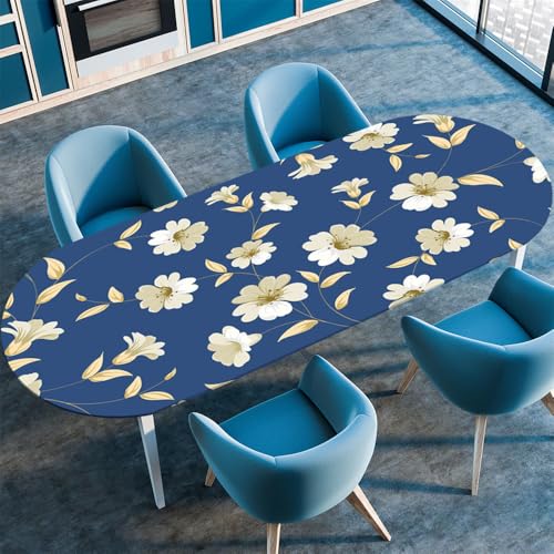 Surwin Elastische Oval Tischdecke Abwaschbar, Spanntischdecke Abwischbar Gartentischdecke Gummizug Oval Outdoor Tischdecke für Esszimmer Küche -3D Blumen (Marineblau,122x183cm) von Surwin