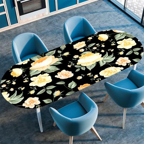 Surwin Elastische Oval Tischdecke Abwaschbar, Spanntischdecke Abwischbar Gartentischdecke Gummizug Oval Outdoor Tischdecke für Esszimmer Küche -3D Blumen (Schwarz,122x183cm) von Surwin