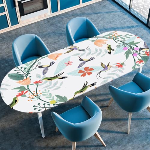 Surwin Elastische Oval Tischdecke Abwaschbar, Spanntischdecke Abwischbar Gartentischdecke Gummizug Oval Outdoor Tischdecke für Esszimmer Küche -3D Blumen (Vogel,91x152cm) von Surwin