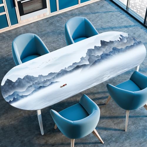 Surwin Elastische Oval Tischdecke Abwaschbar, Spanntischdecke Abwischbar Gartentischdecke mit Gummizug Oval Outdoor Tischdecke für Esszimmer Küche -3D Landschaft (Blau,122x173cm) von Surwin