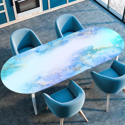 Surwin Elastische Oval Tischdecke Abwaschbar, Spanntischdecke Abwischbar Gartentischdecke mit Gummizug Oval Outdoor Tischdecke für Esszimmer Küche -3D Marmor (Blau,132x229cm) von Surwin