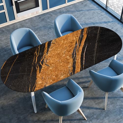 Surwin Elastische Oval Tischdecke Abwaschbar, Spanntischdecke Abwischbar Gartentischdecke mit Gummizug Oval Outdoor Tischdecke für Esszimmer Küche -3D Marmor (Golden,132x274cm) von Surwin