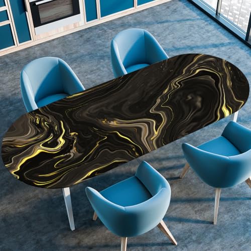 Surwin Elastische Oval Tischdecke Abwaschbar, Spanntischdecke Abwischbar Gartentischdecke mit Gummizug Oval Outdoor Tischdecke für Esszimmer Küche -3D Marmor (Schwarz,91x152cm) von Surwin
