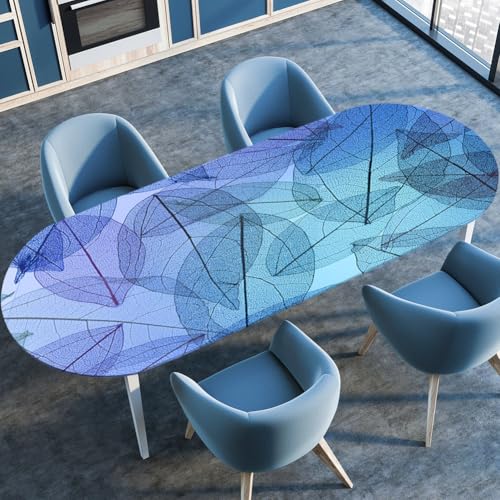 Surwin Elastische Oval Tischdecke Abwaschbar, Spanntischdecke Abwischbar Gartentischdecke mit Gummizug Oval Outdoor Tischdecke für Esszimmer Küche -3D Pflanze Blatt Print (Blau,107x183cm) von Surwin