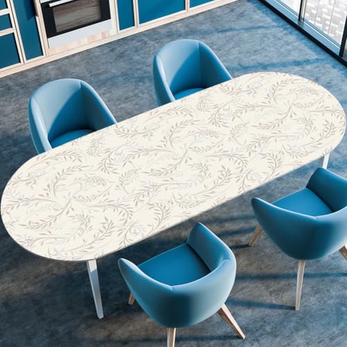 Surwin Elastische Oval Tischdecke Abwaschbar, Spanntischdecke Abwischbar Gartentischdecke mit Gummizug Oval Outdoor Tischdecke für Esszimmer Küche -3D Pflanze Druck (Beige,91x152cm) von Surwin