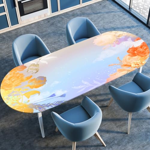 Surwin Elastische Oval Tischdecke Abwaschbar, Spanntischdecke Abwischbar Gartentischdecke mit Gummizug Oval Outdoor Tischdecke für Esszimmer Küche -3D Pflanze Druck (Blau-Lila,107x152cm) von Surwin