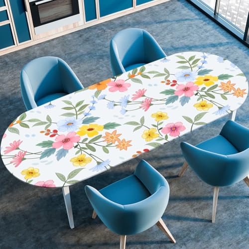 Surwin Elastische Oval Tischdecke Abwaschbar, Spanntischdecke Abwischbar Gartentischdecke mit Gummizug Oval Outdoor Tischdecke für Esszimmer Küche -3D Pflanze Druck (Garten,91x152cm) von Surwin