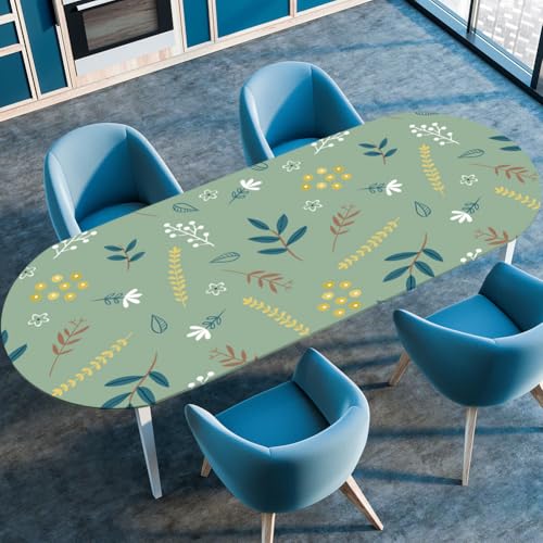 Surwin Elastische Oval Tischdecke Abwaschbar, Spanntischdecke Abwischbar Gartentischdecke mit Gummizug Oval Outdoor Tischdecke für Esszimmer Küche -3D Pflanze Druck (Grün-Gelb,91x152cm) von Surwin