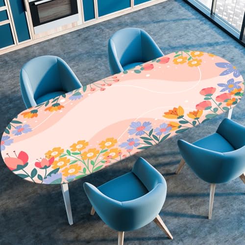 Surwin Elastische Oval Tischdecke Abwaschbar, Spanntischdecke Abwischbar Gartentischdecke mit Gummizug Oval Outdoor Tischdecke für Esszimmer Küche -3D Pflanze Druck (Tulpenblüte,107x152cm) von Surwin