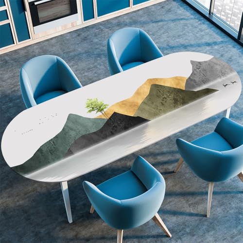 Surwin Elastische Oval Tischdecke Abwaschbar, Spanntischdecke Abwischbar Gartentischdecke mit Gummizug Oval Outdoor Tischdecke für Esszimmer Küche -Berg 3D (Fluss,132x229cm) von Surwin