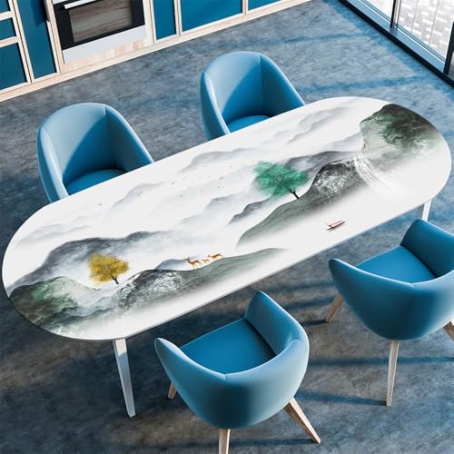 Surwin Elastische Oval Tischdecke Abwaschbar, Spanntischdecke Abwischbar Gartentischdecke mit Gummizug Oval Outdoor Tischdecke für Esszimmer Küche -Berg 3D (Grau,107x183cm) von Surwin