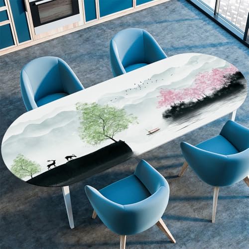 Surwin Elastische Oval Tischdecke Abwaschbar, Spanntischdecke Abwischbar Gartentischdecke mit Gummizug Oval Outdoor Tischdecke für Esszimmer Küche -Berg 3D (Rosa Baum,91x152cm) von Surwin