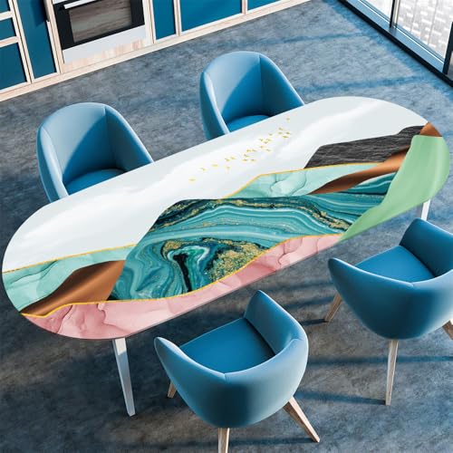 Surwin Elastische Oval Tischdecke Abwaschbar, Spanntischdecke Abwischbar Gartentischdecke mit Gummizug Oval Outdoor Tischdecke für Esszimmer Küche -Berg 3D (Rosa Grün,107x152cm) von Surwin