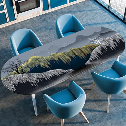 Surwin Elastische Oval Tischdecke Abwaschbar, Spanntischdecke Abwischbar Gartentischdecke mit Gummizug Oval Outdoor Tischdecke für Esszimmer Küche -Berg 3D (Schwarz,122x183cm) von Surwin