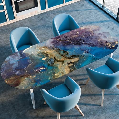 Surwin Elastische Oval Tischdecke Abwaschbar, Spanntischdecke Abwischbar Gartentischdecke mit Gummizug Oval Outdoor Tischdecke für Esszimmer Küche -Marmor Farbe (Galaxie,107x152cm) von Surwin
