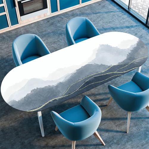 Surwin Elastische Oval Tischdecke Abwaschbar, Spanntischdecke Abwischbar Gartentischdecke mit Gummizug Oval Outdoor Tischdecke für Esszimmer Küche -Tuschemalerei 3D (Berg,114x142cm) von Surwin