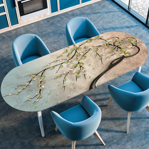 Surwin Elastische Oval Tischdecke Abwaschbar, Spanntischdecke Abwischbar Gartentischdecke mit Gummizug Retro-Stil Oval Outdoor Tischdecke für Esszimmer Küche (Pflaumenblüte,122x173cm) von Surwin