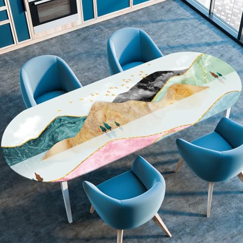 Surwin Elastische Oval Tischdecke Abwaschbar, Spanntischdecke Einfach Abwischbar Gartentischdecke mit Gummizug Oval Outdoor Tischdecke für Esszimmer Küche (Marmor,122x173cm) von Surwin
