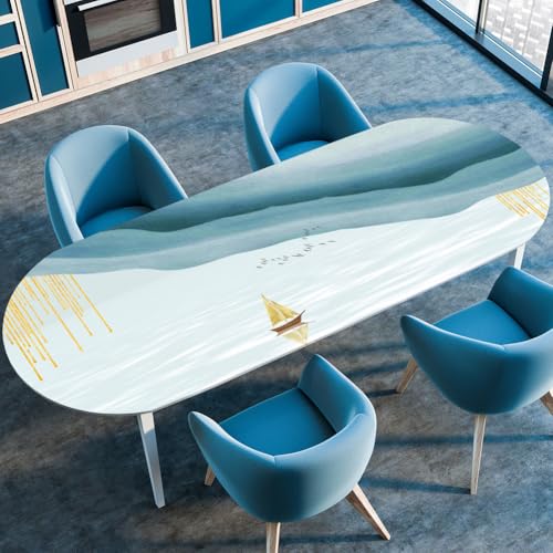 Surwin Elastische Oval Tischdecke Abwaschbar, Vintage Spanntischdecke Abwischbar Gartentischdecke mit Gummizug Oval Outdoor Tischdecke für Esszimmer Küche (Landschafts Malerei,132x178cm) von Surwin