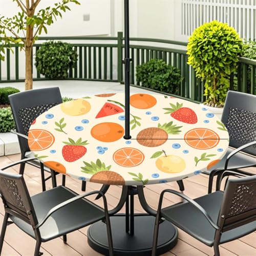 Surwin Outdoor Round Tablecloth with Parasol Umbrella Hole Zipper, Elastic Edge Fitted Protector Round Table Cloth Waterproof Table Cover for Garden BBQ Party -Fruit (Erdbeere,M(91-112cm) von Surwin